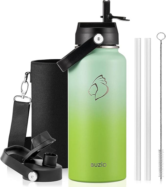 BUZIO 32oz Insulated Water Bottle, Triple Wall Vacuum Stainless Steel Water Flask with Straw Lid, BPA-Free Leakproof Sports Canteen for Sports Hiking, Cold 48H & Hot 24H- Gradient Green