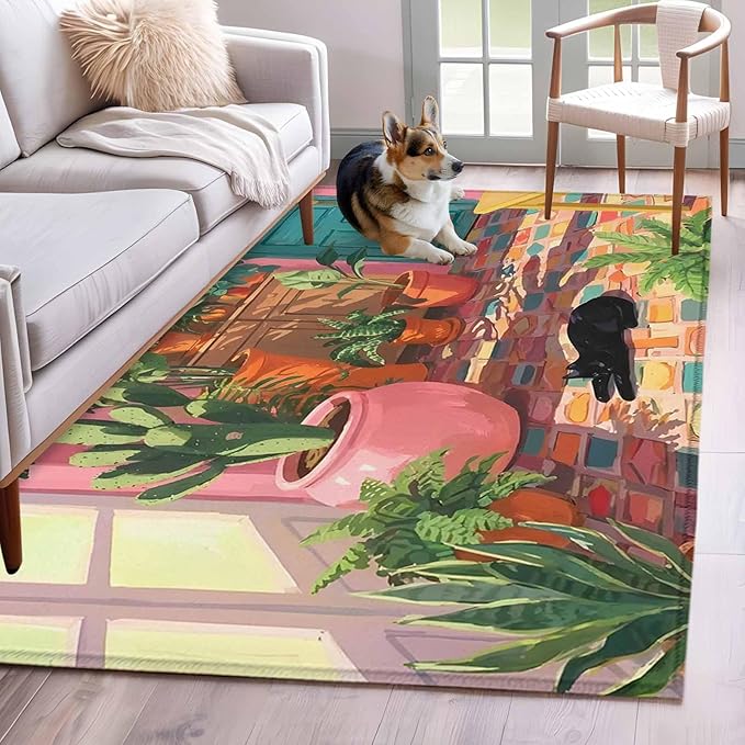 Area Rug 4x6ft, Sleeping Cat Pink Sunlit Room Washable Rugs for Living Room Bedroom, Potted Plants Soft Non-Slip Area Rugs Rectangle Floor Carpet for Dining Room