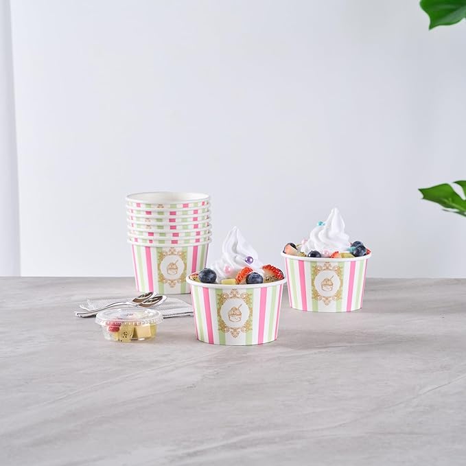 Coppetta 8 Ounce Dessert Cups, 50 Greaseproof Ice Cream Cups - Lids Sold Separately, For Hot And Cold Foods, Green And Pink Stripe Paper Yogurt Bowls, Disposable, Sturdy - Restaurantware