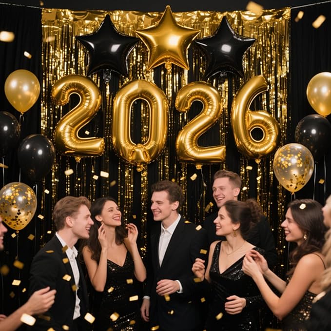 JOJO FLY New Years Eve Party Decorations Kit, Gold 2026 Balloons, Black and Gold Balloons Set, Gold Foil Curtain, Graduation Decorations, New Years Eve Party Supplies 2026
