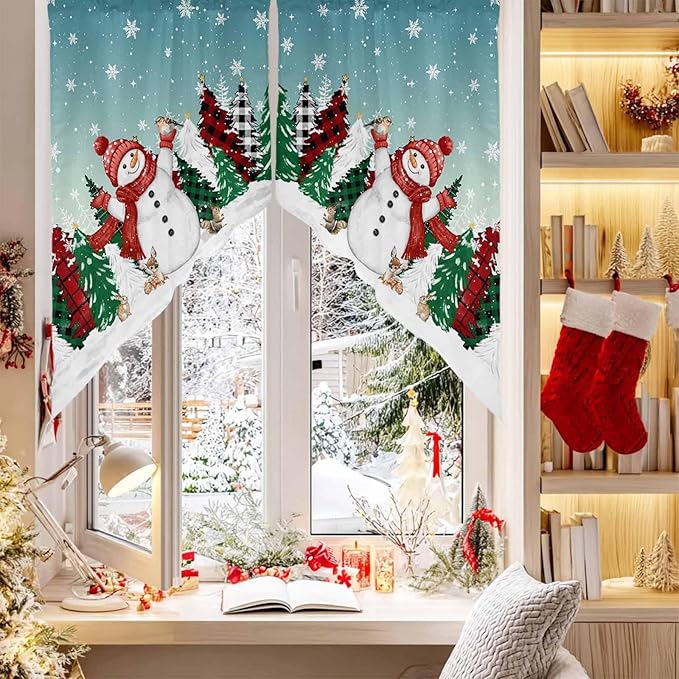 Christmas Snowman Swag Valance Curains Winter Xmas Tree Snowflakes Gradient Green Rod Pocket Kitchen Curtains Scalloped Window Treatment Valances Swag for Living Room Bedroom, 1 Pair, 36"W x 45"L