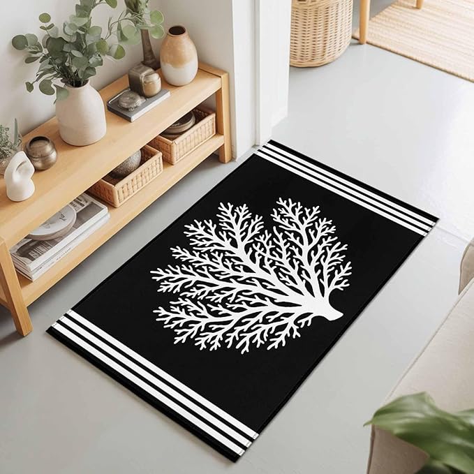 Area Rug 2x3ft, Coastal Coral Reef Texture Washable Rugs for Living Room Bedroom, Ocean Theme Black White Soft Non-Slip Area Rugs Rectangle Floor Carpet for Dining Room