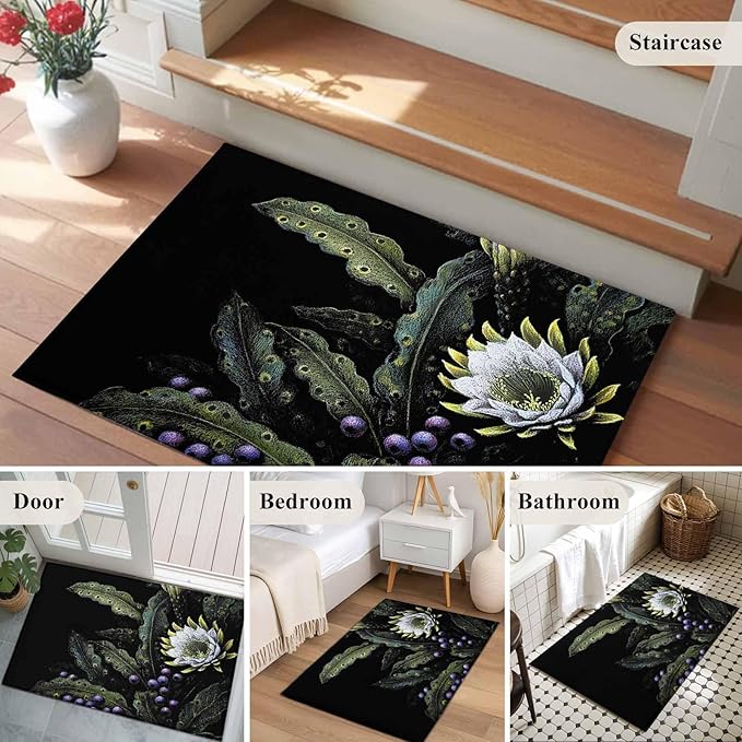 Area Rug 2x3ft, Watercolor Flower Berry Leaves Washable Rugs for Living Room Bedroom, Botanical Plant Dark Style Soft Non-Slip Area Rugs Rectangle Floor Carpet for Dining Room