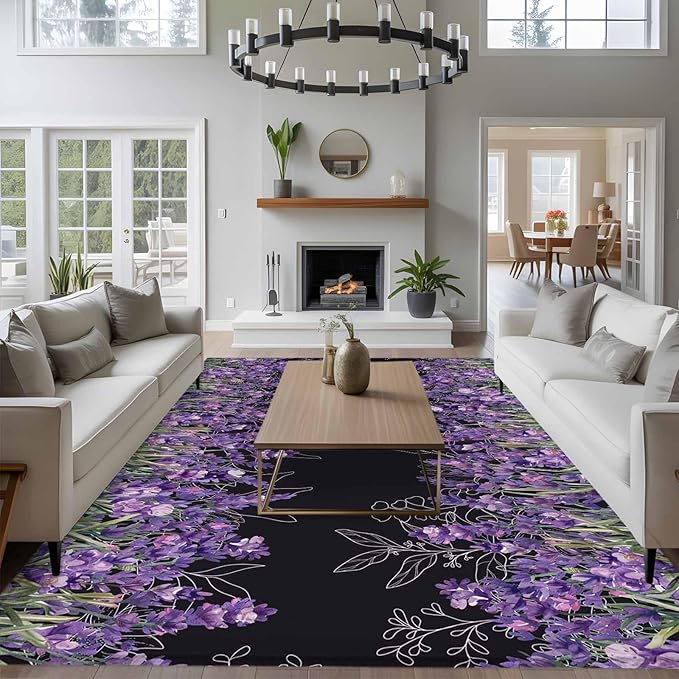 Area Rug 6x9ft, Spring Purple Lavender Flower Washable Rugs for Living Room Bedroom, Watercolor Floral on Black Soft Non-Slip Area Rugs Rectangle Floor Carpet for Dining Room