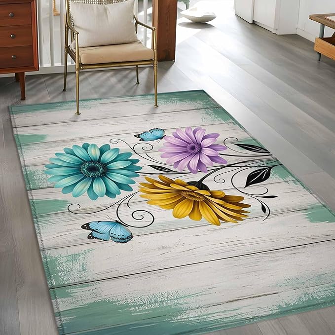 Area Rug 4x6ft, Farm Flower Daisy Retro Wood Barn Washable Rugs for Living Room Bedroom, Blossom Flower Butterfly Soft Non-Slip Area Rugs Rectangle Floor Carpet for Dining Room