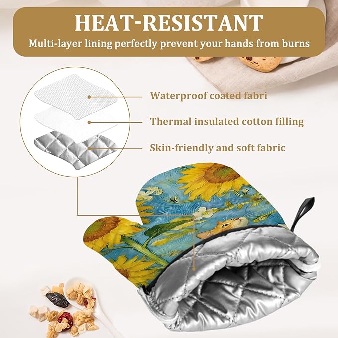 Cute Sunflower Cat Oven Mitts and Pot Holders Sets 4Pcs Animal Floral Silicone Kitchen Gloves Heat Resistant Potholders for Baking Cooking Grilling BBQ