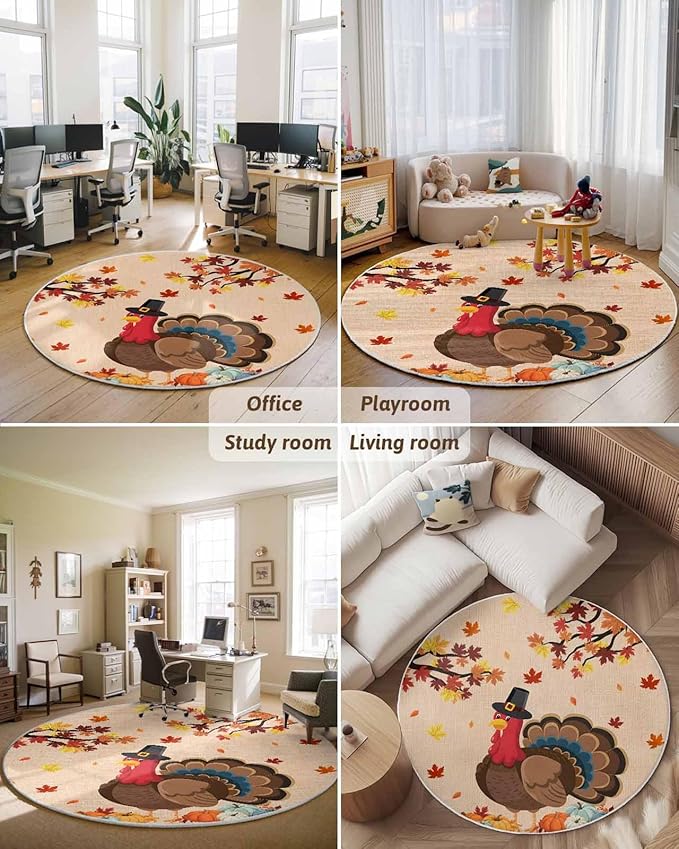 Round Area Rug,Turkey Orange Fallen Leaves Thanksgiving Pumpkin Circle Living Room Rug Non-Slip Rugs Indoor Carpet,Vintage Linen Soft Comfort Rugs for Bedroom KidsRoom Nursery