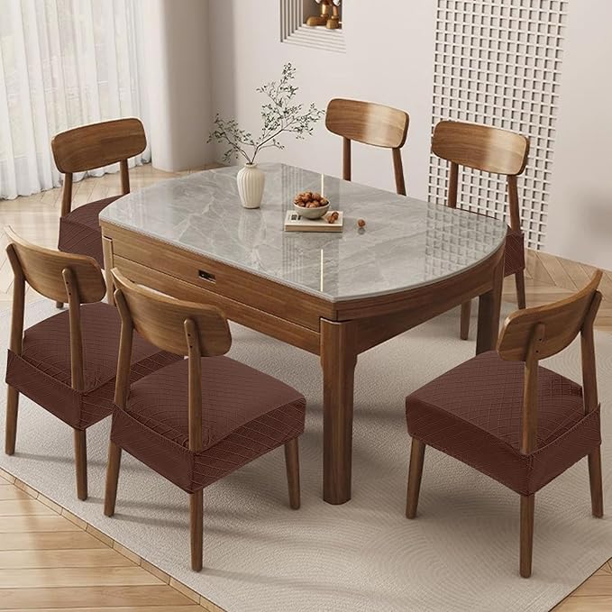 Genina Waterproof Seat Covers for Chairs,Set of 4 Dining Room Chair Seat Covers for Kitchen,Stretch Jacquard Removable Washable Dining Chair Slipcovers Protectors with Rear Covers, Chocolate