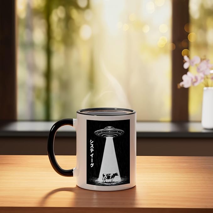 UFO Alien Abduction Graphic Flying Saucer Beam Scene Ceramic Mug, Black/White