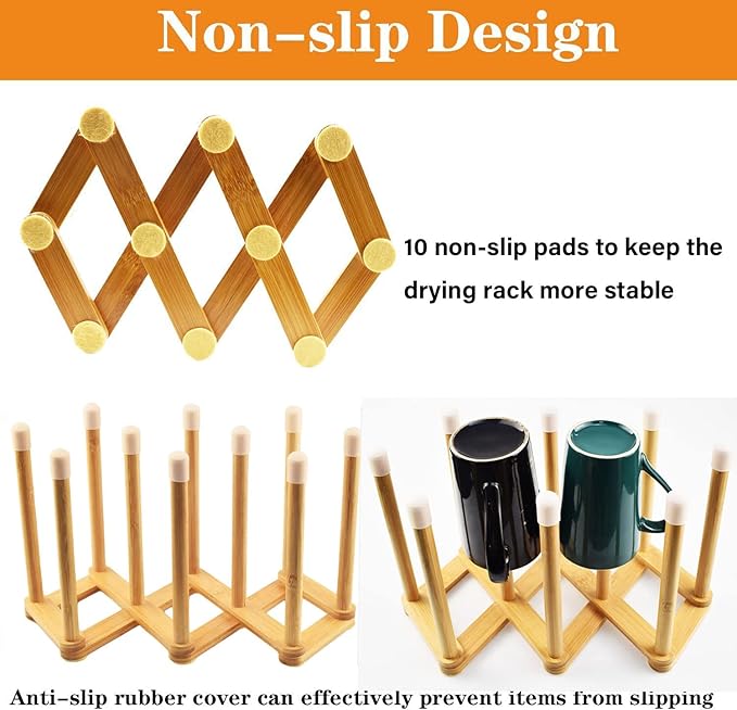 Bamboo Retractable Bottle Drying Rack Cup Dish Drying Racks,Sports Water Bottle and Mug Drainer Stand, Plastic Bag Dryer Rack and Multifunctional Drying Rack for Kitchen Countertop