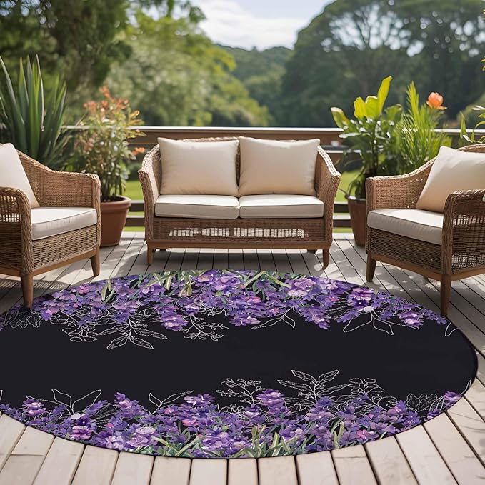 Washable Round Area Rug Spring Purple Lavender Flower Circle Rugs Floor Carpet for Living Room Bedroom, Watercolor Floral on Black Soft Non Slip Round Rug 5ft
