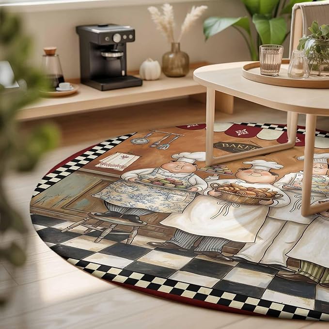Washable Round Area Rug Farmhouse Cartoon Chef Circle Rugs Floor Carpet for Living Room Bedroom, Cooking Theme Black White Checkered Soft Non Slip Round Rug 3ft