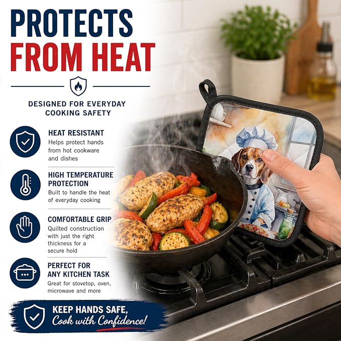Caroline's Treasures Beagle The Chef Pair of Pot Holders Kitchen Heat Resistant Pot Holders Sets Oven Hot Pads for Cooking Baking BBQ, 7 1/2 x 7 1/2