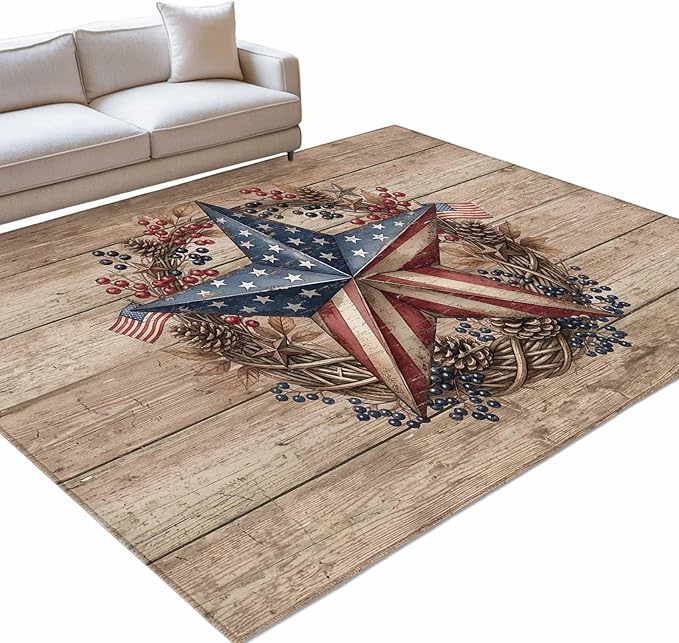 Area Rug 8x10ft, Independence Day USA Flag Star Washable Rugs for Living Room Bedroom, Farm Wood Background Soft Non-Slip Area Rugs Rectangle Floor Carpet for Dining Room