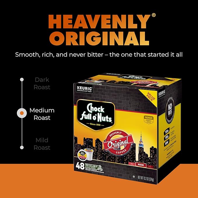 Chock Full o' Nuts Heavenly Original Keurig K-Cup Pods for Keurig Brewers – Premium Arabica, Medium Roast – Single Serve – 1 Pack of 48 K-Cup Pods