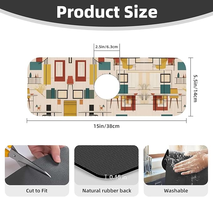 Mid Century Modern Printed Faucet Absorbent mat, Suitable for bathrooms, Kitchens, and Other Sink Areas.