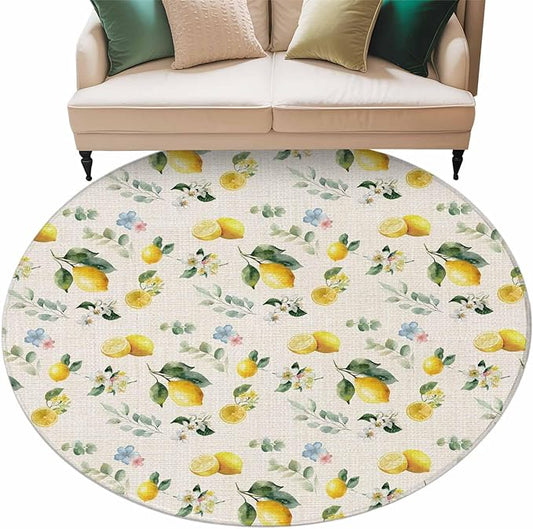Washable Round Area Rug Country Lemon Flower Leaf Circle Rugs Floor Carpet for Living Room Bedroom, Pastoral Fruit Plant Vintage Linen Soft Non Slip Round Rug 5ft
