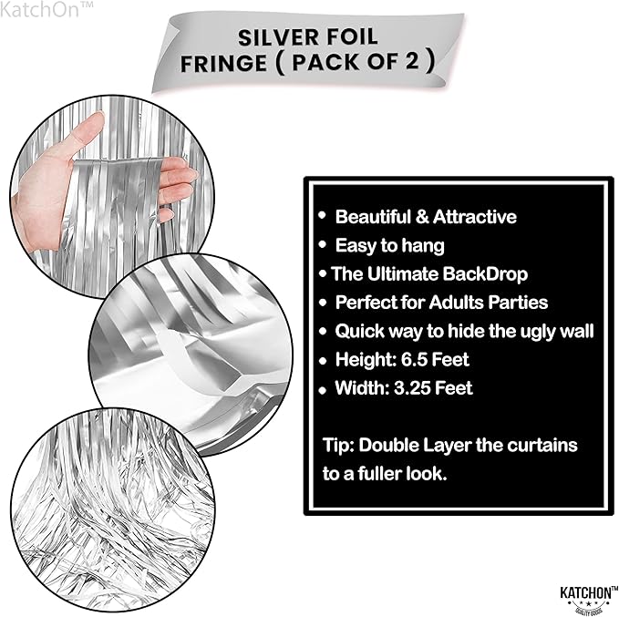 KatchOn, Silver Foil Fringe Curtain - Pack of 2 | Streamers Backdrop for Disco Birthday Decorations | Silver Fringe Backdrop for Graduation Decorations 2026 | Bachelorette Party Decoration
