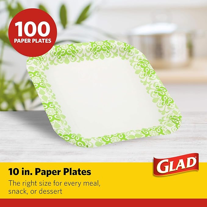 Glad Square Heavy Duty Paper Plates, Soak Proof and Cut Proof Disposable Plates for Parties and Everyday Meals, Microwaveable for Easy Serving, Green Victorian Pattern, 10 Inch, 100 Count