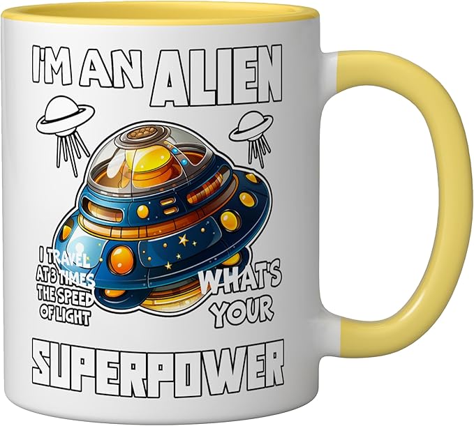 I'm An Alien I Travel Speed Of Light Space Apparel Ceramic Mug, Yellow/White