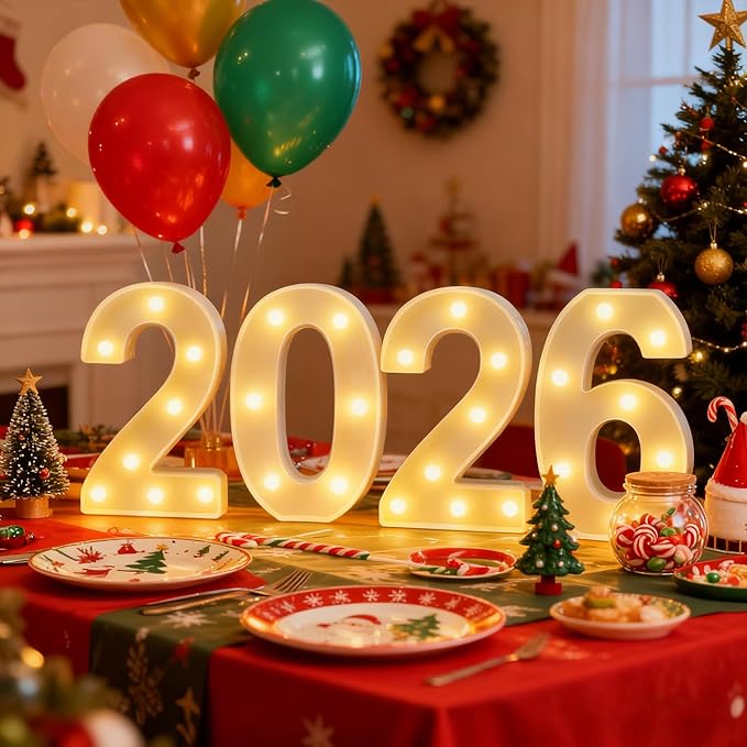 LED Marquee Number 2026 Sign - Light Up 2026 Numbers for New Year Eve Party Decorations, Christmas, Graduation & Festive Gatherings | Battery Powered, Freestanding Photo Backdrop (White)