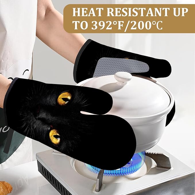 Black Cat Eyes Oven Mitts and Pot Holders Sets 4Pcs Animal Face Silicone Kitchen Gloves Heat Resistant Potholders for Baking Cooking Grilling BBQ