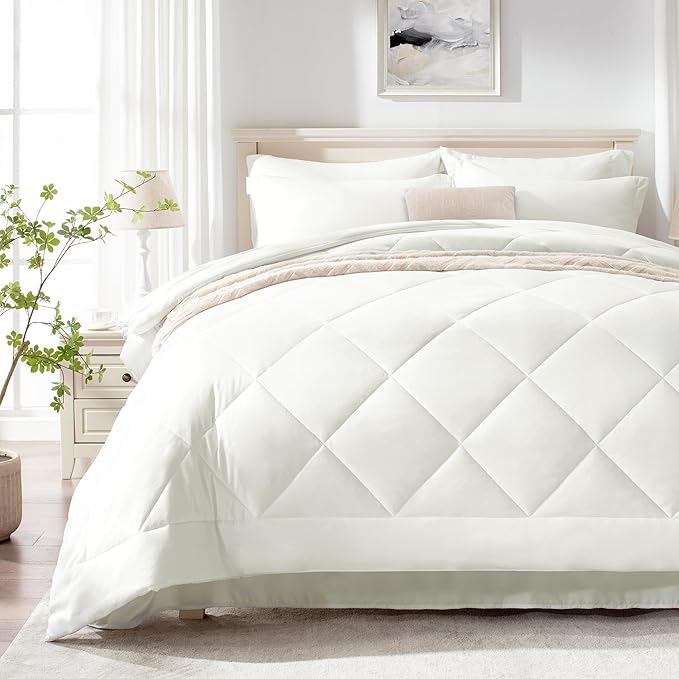 Love's cabin Full Comforter Set Ivory, 7 Pieces Full Bed in a Bag, All Season Bedding Sets with 1 Comforter, 1 Flat Sheet, 1 Fitted Sheet, 2 Pillowcase and 2 Pillow Sham | Soft, Breathable, Lightweight, Comfortable