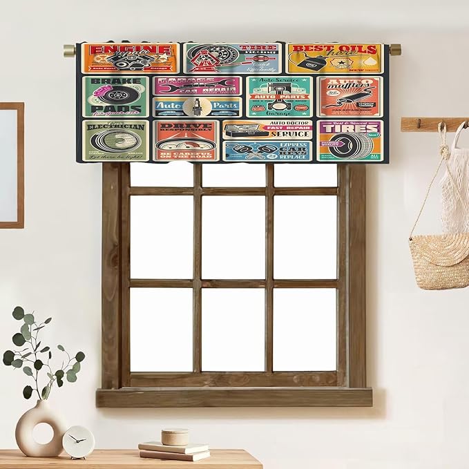 Retro Valance Curtain Car Service and Auto Center Vintage Signboard Windows Short Curtains Valances for Kitchen Living Room Bathroom Bedroom Farmhouse Decor with Rod Pocket, One Panel 54X18 Inches