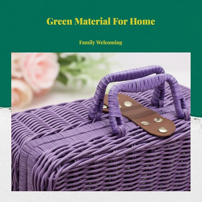 Woven Suitcase Imitation Rattan Storage Basket Gift Box Rustic Picnic Suitcase Handwoven Storage Case for Travelling Bathroom, Violet L