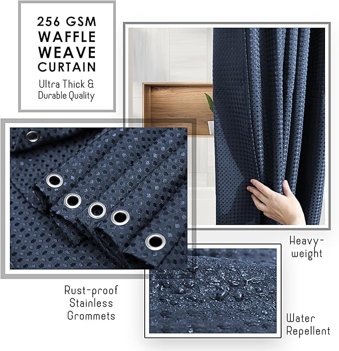 Clara Clark Navy Blue Shower Curtain Set with Rugs - Bathroom Sets with Shower Curtain and Rugs, Fabric Shower Curtains and 2 Bath Mats, Modern Bathroom Shower and Curtain Sets for Tub Or Stall