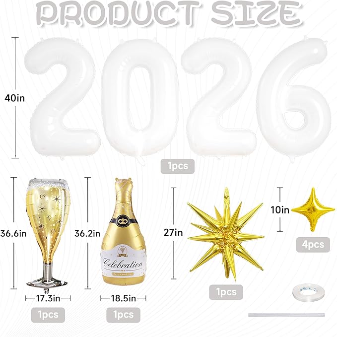 White 2026 Balloons, 40 Inch Number 2026 White Foil Balloons, Gold Star Balloon with Champagne Bottle Glass Balloon for Happy New Years Eve Party Supplies 2026 Class of 2026 Graduation Decorations