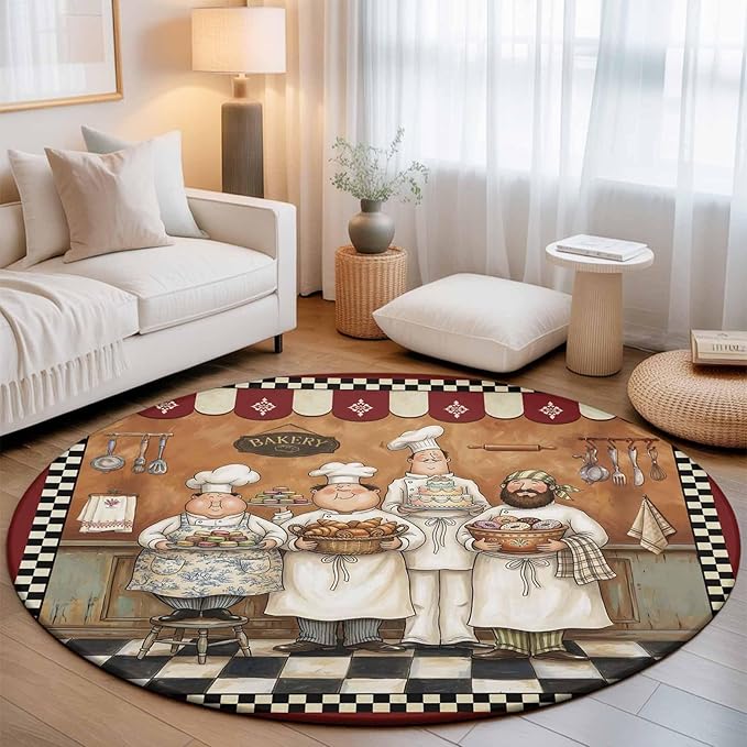 Washable Round Area Rug Farmhouse Cartoon Chef Circle Rugs Floor Carpet for Living Room Bedroom, Cooking Theme Black White Checkered Soft Non Slip Round Rug 5ft