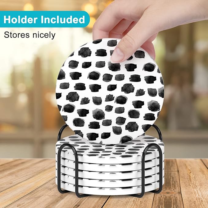 Nipichsha Coasters for Drinks, Set of 6 Cute Absorbent Ceramic Drink Coasters for Cup with Holder and Cork Base, Kitchen Home Decor Housewarming Gift, Round 4 in, Milk White Black Dots
