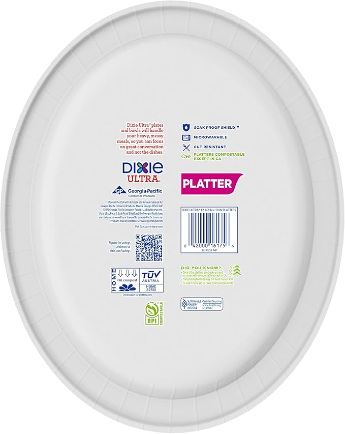 Dixie Ultra Disposable Paper Platters, 10" x 12.5", 25 Count – Durable, Sturdy Design