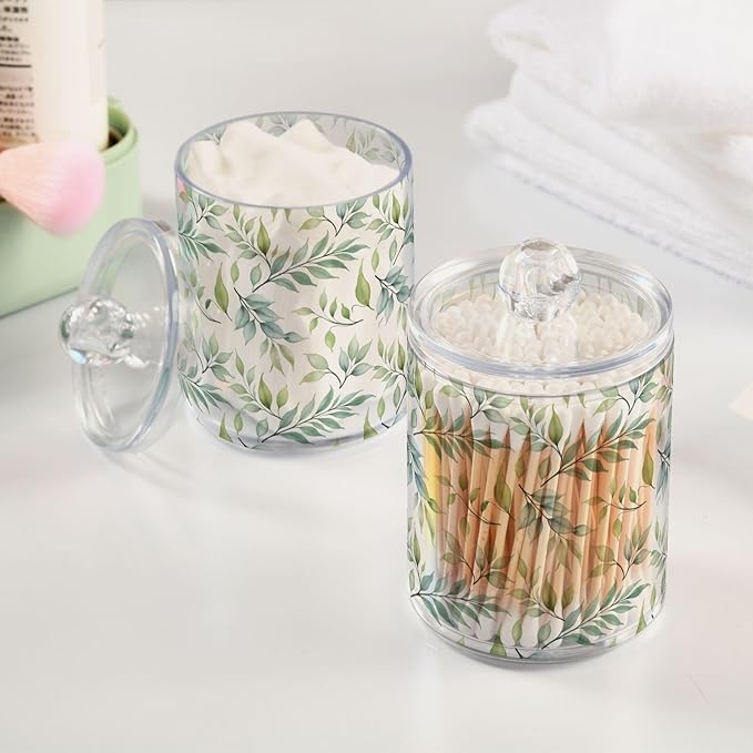 Bathroom Canister Set of 2, Green Leaf Plant Summer Clear Plastic Jars Holder Dispenser Farmhouse Sugar Storage Countertop With Airtight Lids, Kitchen Theme Decor