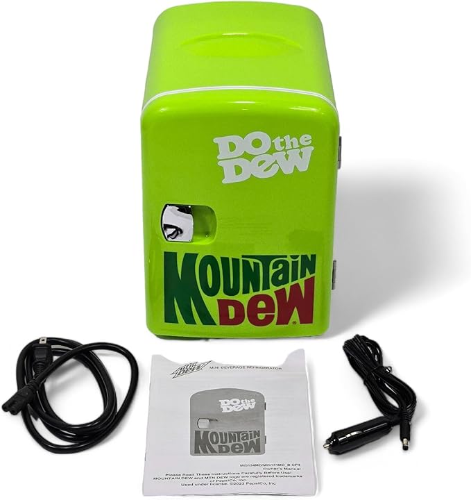 CURTIS Mountain Dew MIS134MD, Mini Portable Compact Personal Fridge Cooler, 4 Liter Capacity Chills Six 12 oz Cans, 100% Freon-Free & Eco Friendly, Lime