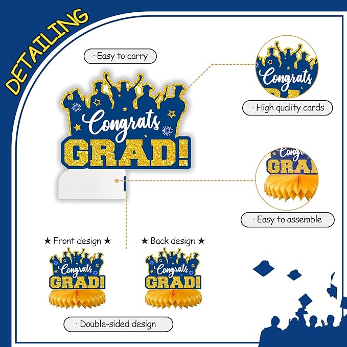2026 Graduation Party Decorations - 8 Pcs Blue Gold Class of 2026 Graduation Party Table Decor Honeycomb Centerpieces for Tables Congratulate for 2026 Congrats Grad Party Supplies