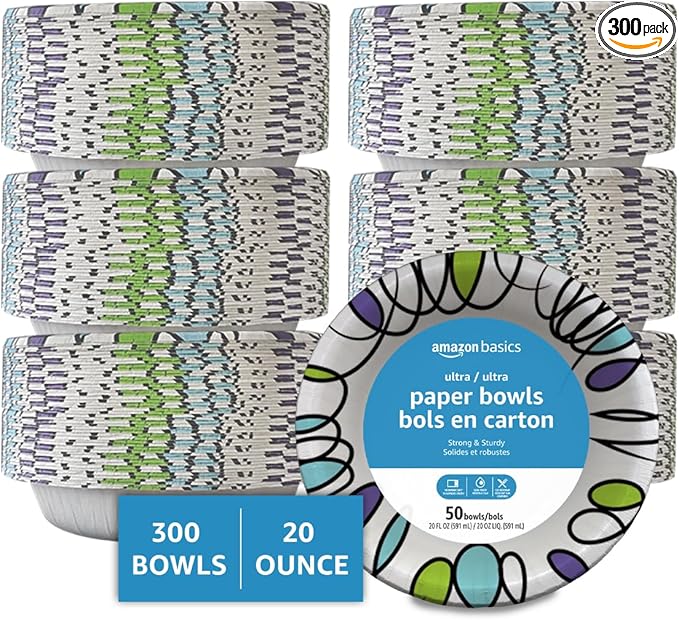 Amazon Basics Ultra Disposable Paper Bowls, 20 Oz, Microwave Safe, Soak Proof, Strong & Sturdy, White, 300 Count (6 Packs of 50)