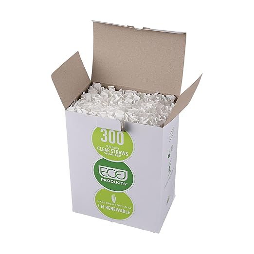 Eco-Products Compostable Paper Wrapped Jumbo Plastic Straws, 9.5" Long, 8mm Diameter, Box of 300, Clear Disposable Plant Based PLA Plastic, Large Sized Drinking Straws, ASTM Compliant, BPI-Certified