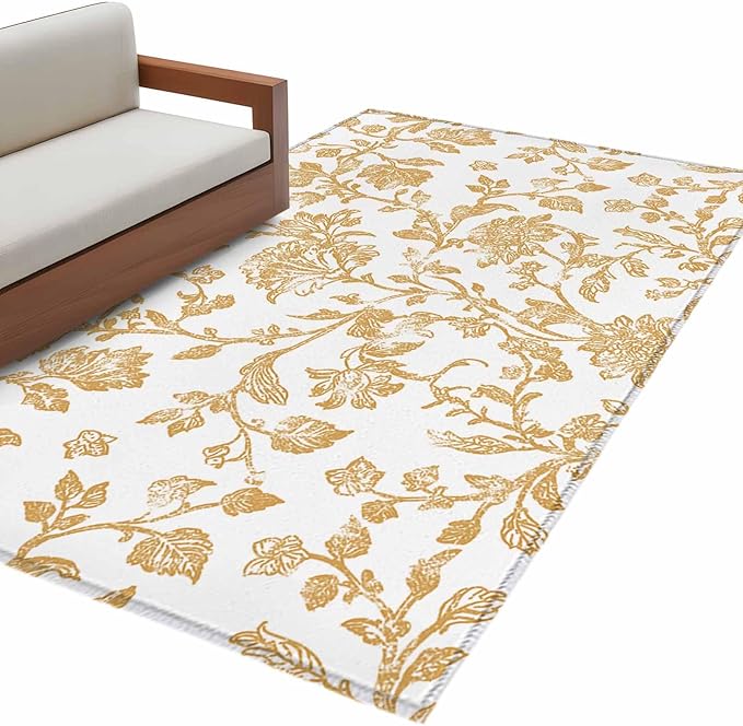 Area Rug 4x6ft, Vintage Farmhouse Flowers Pattern Washable Rugs for Living Room Bedroom, Yellow Floral Art Soft Non-Slip Area Rugs Rectangle Floor Carpet for Dining Room
