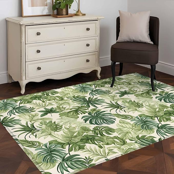 Area Rug 3x5ft, Green Palm Leaf Watercolor Washable Rugs for Living Room Bedroom, Summer Tropical Leaves Soft Non-Slip Area Rugs Rectangle Floor Carpet for Dining Room