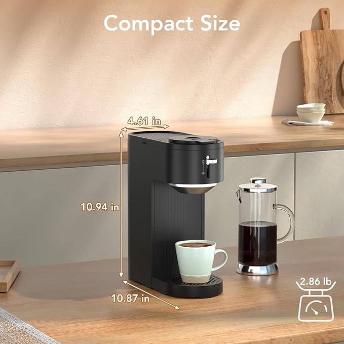 Single Serve Coffee Maker – Brew with Coffee Pods & Grounds, Compatible with Kcup Coffee Pods, Small Sizes Up to 6 8 10 12 14 Oz, 14 Oz Water Reservoir, Easy to Clean for Office Travel Home, Black