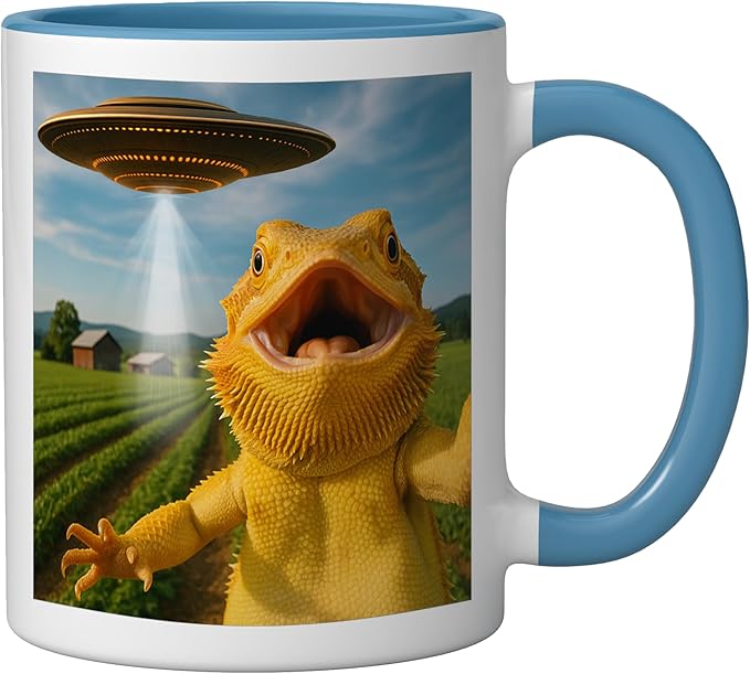 Funny Bearded Dragon Selfie with Alien UFO Ceramic Mug, Blue/White