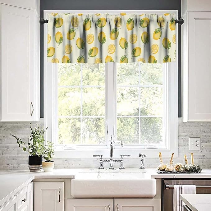 Watercolor Lemon Window Valance, Sweet Yellow Fruit Juicy Kitchen Short Rod Pocket Drapes for Dining Bedroom Living Room Cafe Resturant Home Decor, 54x18Inch