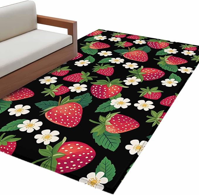 Area Rug 4x6ft, Red Strawberry Litter Flower Leaves on Black Washable Rugs for Living Room Bedroom, Summer Fruit Soft Non-Slip Area Rugs Rectangle Floor Carpet for Dining Room