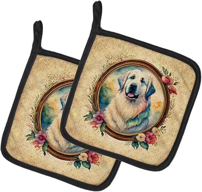 Caroline's Treasures Great Pyrenees and Flowers Pair of Pot Holders Kitchen Heat Resistant Pot Holders Sets Oven Hot Pads for Cooking Baking BBQ, 7 1/2 x 7 1/2