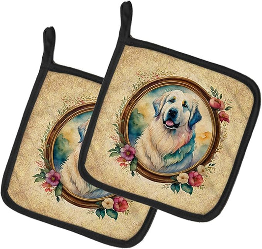 Caroline's Treasures Great Pyrenees and Flowers Pair of Pot Holders Kitchen Heat Resistant Pot Holders Sets Oven Hot Pads for Cooking Baking BBQ, 7 1/2 x 7 1/2