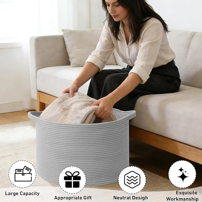 90L Extra Large Blanket Basket,Woven Rope Laundry Basket Hamper with Handles, Decorative Nursery Basket Storage Bin for Toys, Clothes Organizer, Living Room, Bedroom, Bathroom, Light Grey
