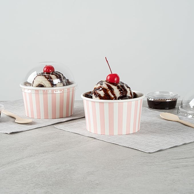 Coppetta 8-Ounce Dessert Cups, 50 Disposable Ice Cream Cups - Lids Sold Separately, Sturdy, Pink And White Paper FroYo Bowls, For Hot And Cold Foods, Perfect For Gelato Or Mousse - Restaurantware