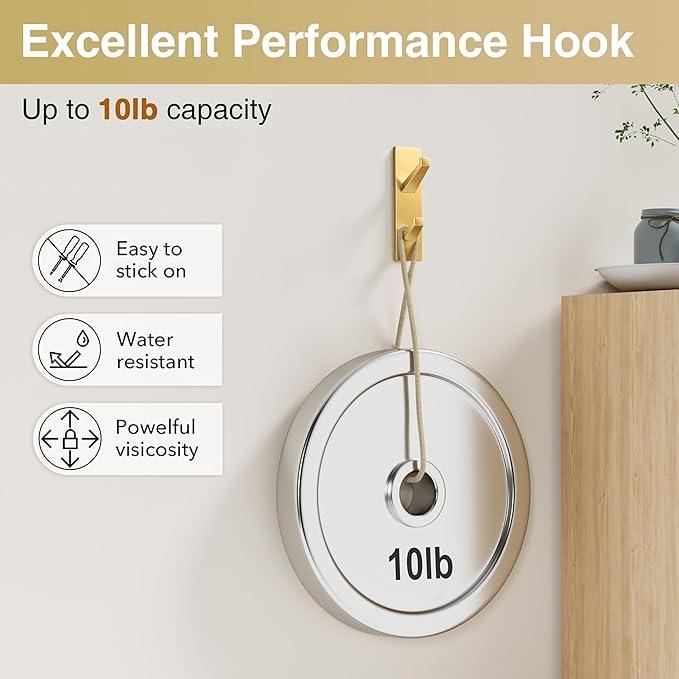 susswiff Gold Wall Hooks for Coat Towel: 13LB Adhesive Door Hanger Stick on, 4 Pack